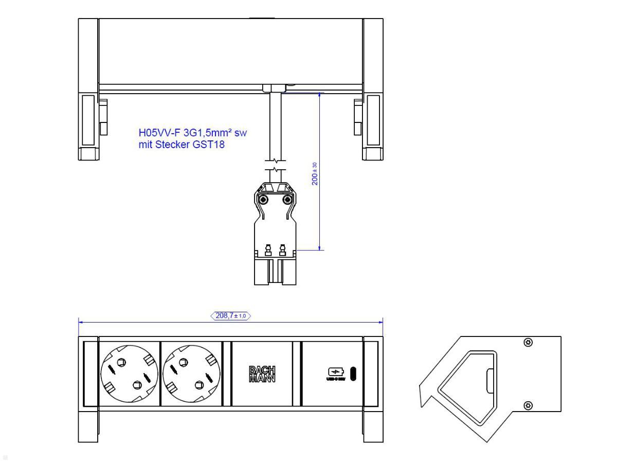 Bachmann DESK 2, 2x Steckdose, 1 USB-C Charger 30W (937.302) AluBlack, techn. Zeichnung