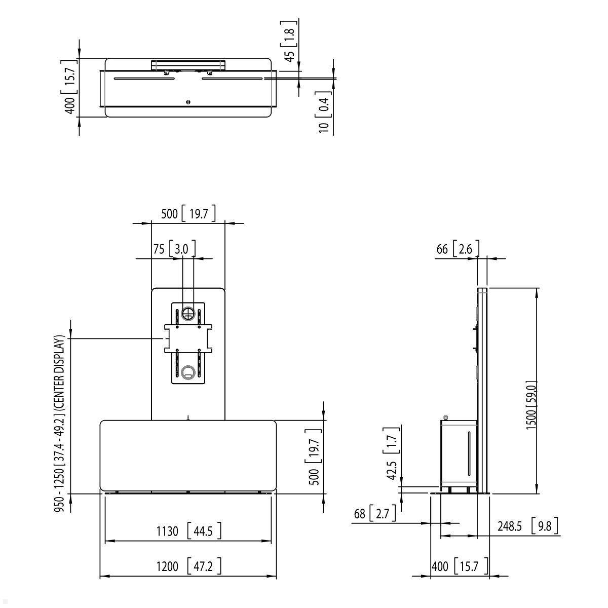 Vogels PVF 4112S Videokonferenz Möbel für 1 oder 2 Displays, silber, Zeichnung Maße