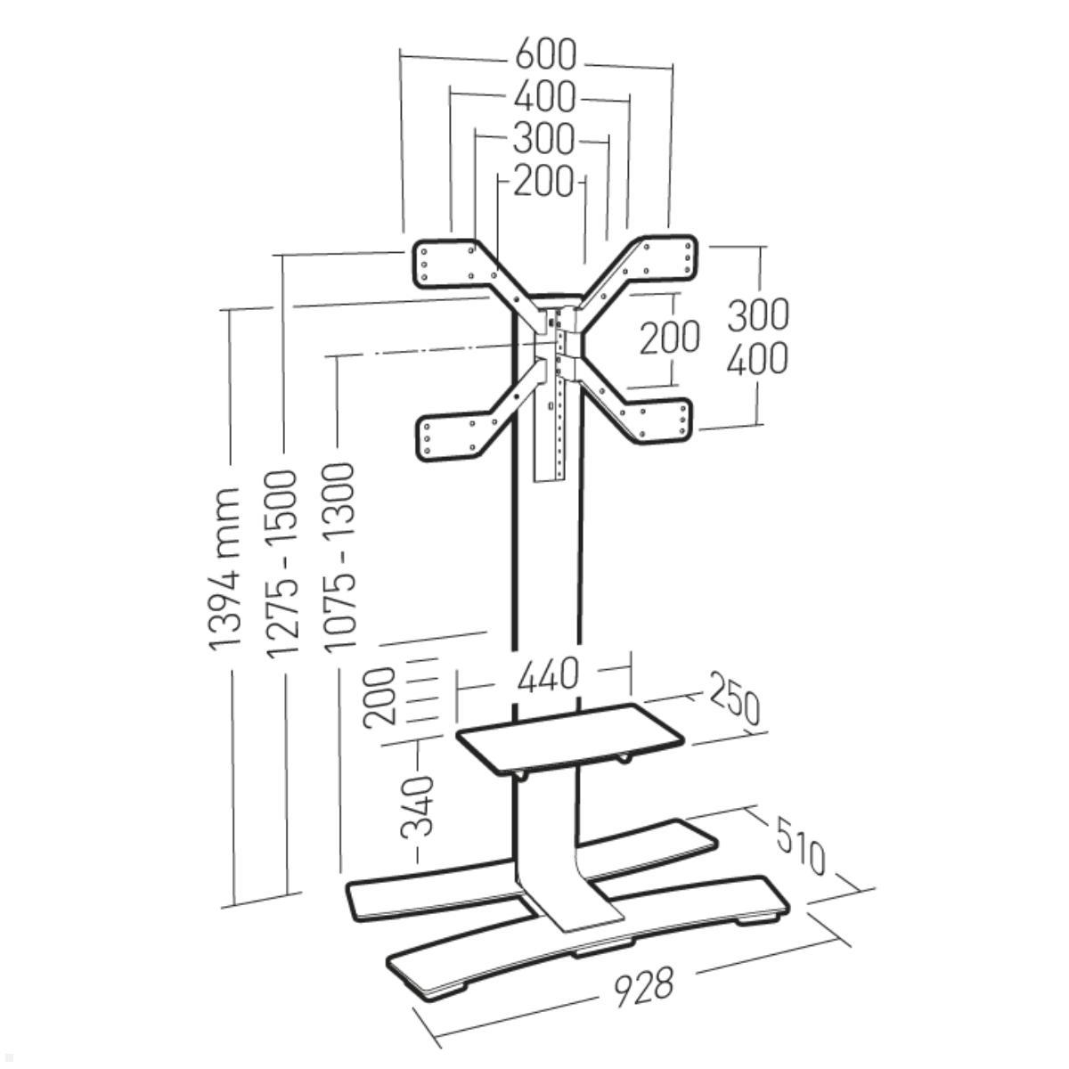 Erard WILL 1400 XL mobiler TV Ständer mit Ablage 40-85 Zoll, Technische Zeichnung