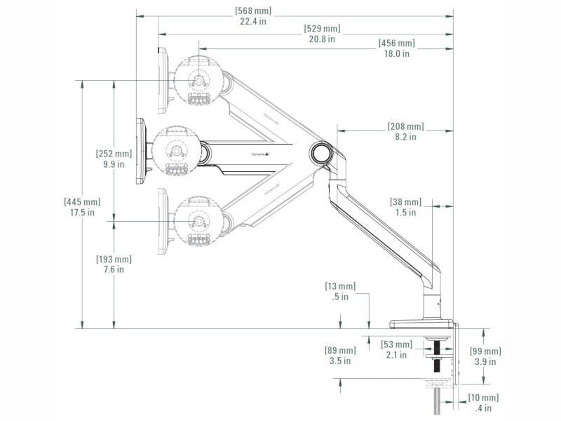 Humanscale M2.1 Monitor Tischhalterung Klemme, silber, Technische Zeichnung