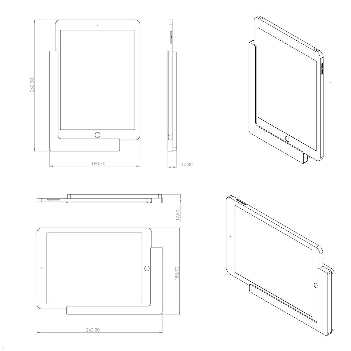 TabLines TWP017B Wandhalterung für Apple iPad 9.7 (5./6. Gen.), schwarz, Zeichnung Maße mit Tablet