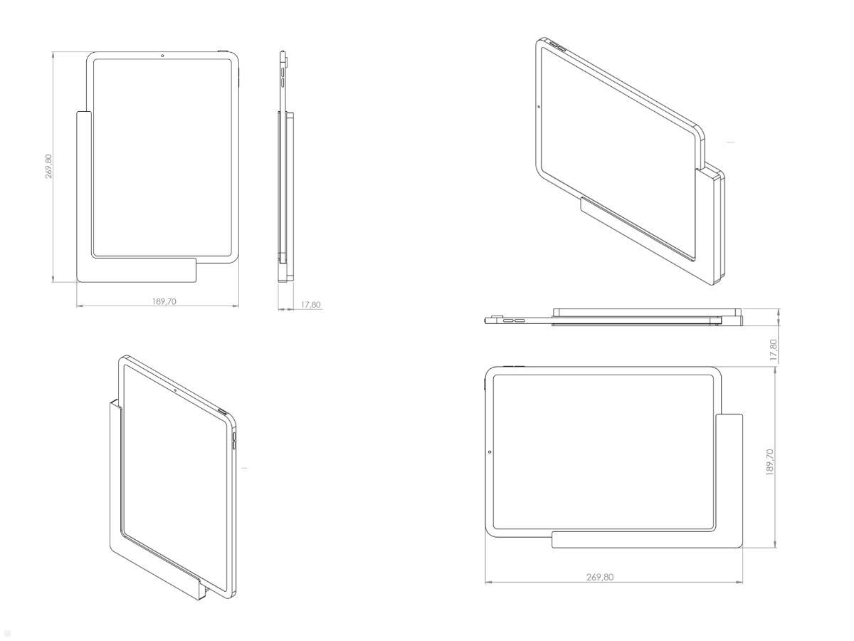 TabLines TWP003B Wandhalterung für iPad Pro 11.0, schwarz, Zeichnung Maße mit Tablet