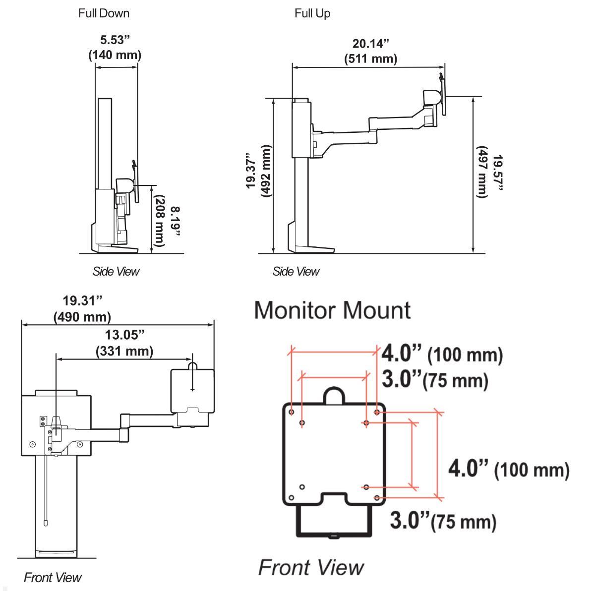 Ergotron TRACE Monitor Tischhalterung, weiß (45-630-216), technische Zeichnung