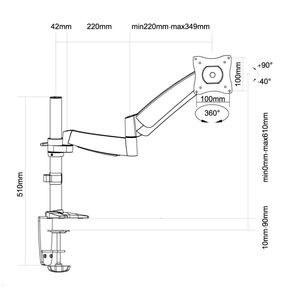 Monitor Tischhalterung Neomounts FPMA-D950 silber, Technische Zeichnung