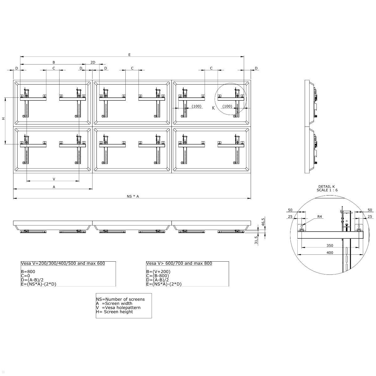 SMS Multi Display Wall Wandhalterung (PW010001), technische Zeichnung Videowall