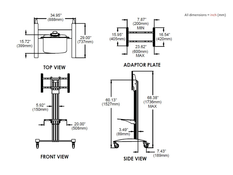 peerless SR560G Monitor Standfuss mit Glas-Ablage für 32-75Zoll, Maße