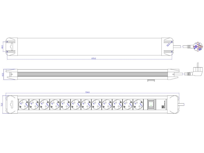 Bachmann CONNECTUS 12x Schutzkontaktsteckdose, 1x Schalter (330.103) Zeichnung