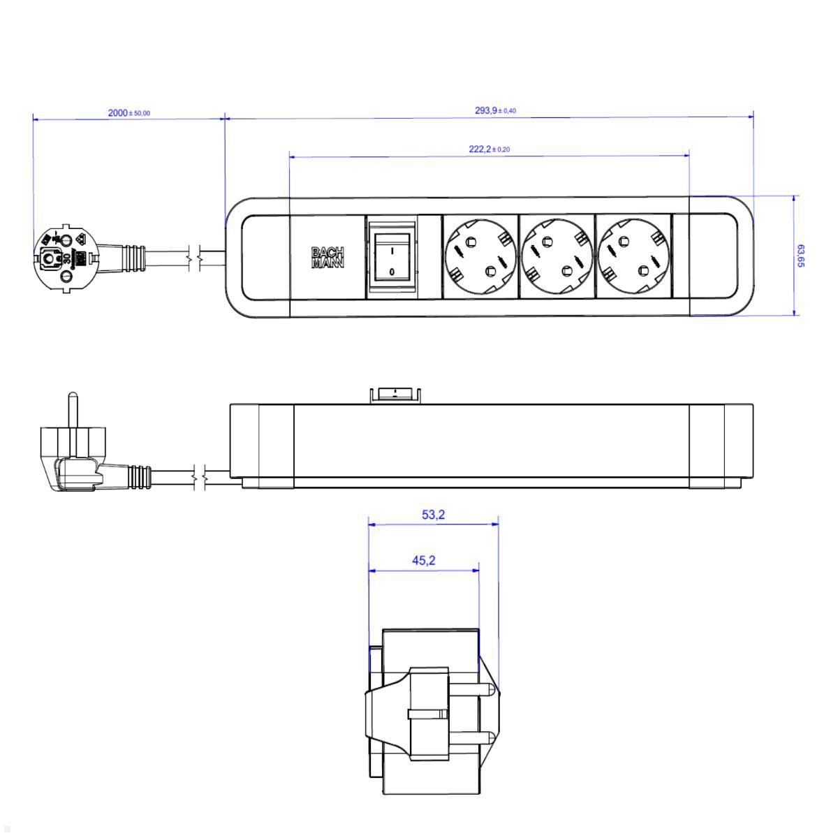 Bachmann PRIMO 2 3-fach Steckdosenleiste mit Schalter (350.006), Maße