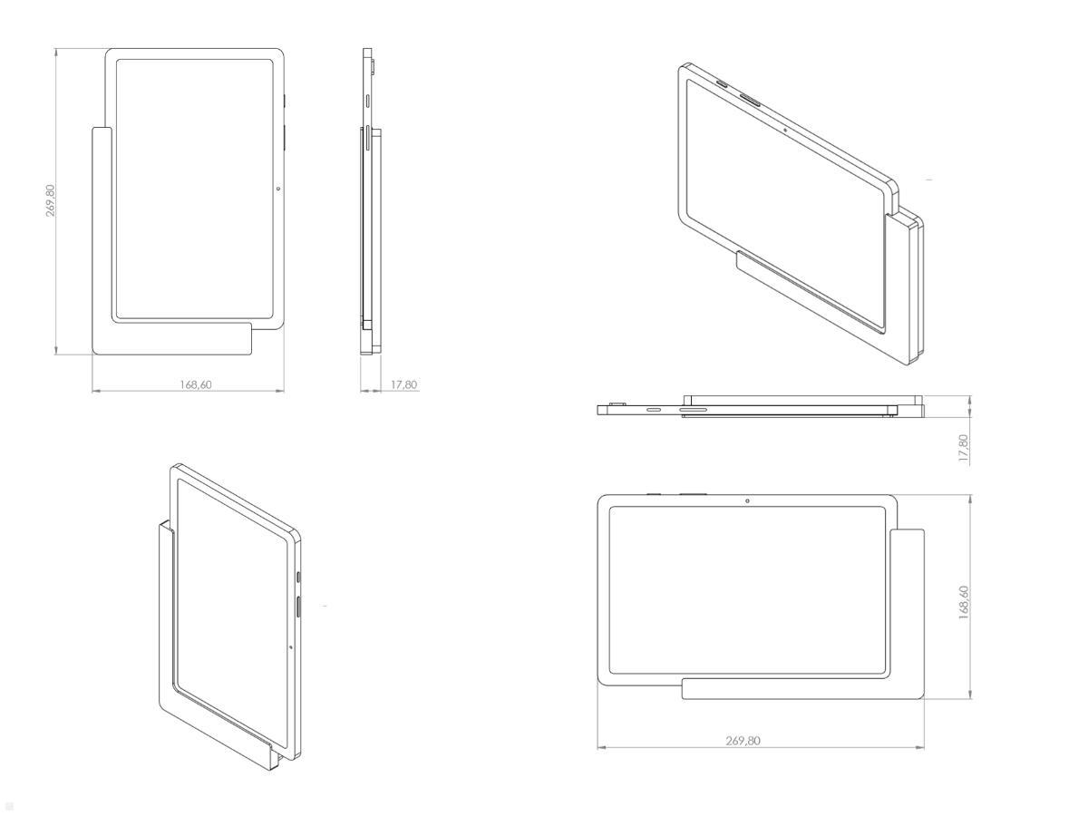 TabLines TWP001W Tablet Wandhalter für Samsung Tab A7 10.4 (2020), weiß, Zeichnung Maße mit Tablet