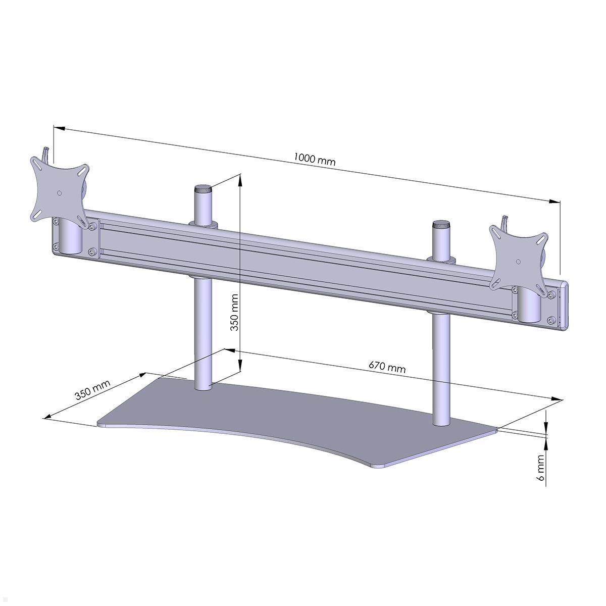 MonLines MTH237G Flat 2-fach Monitor Standfuß bis 32 Zoll, grau, Zeichnung Maße