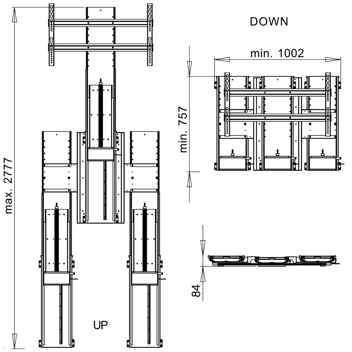 Venset TS2000C elektrischer Einbau TV Lift, 2000 mm Hub, schwarz, technische Zeichnung