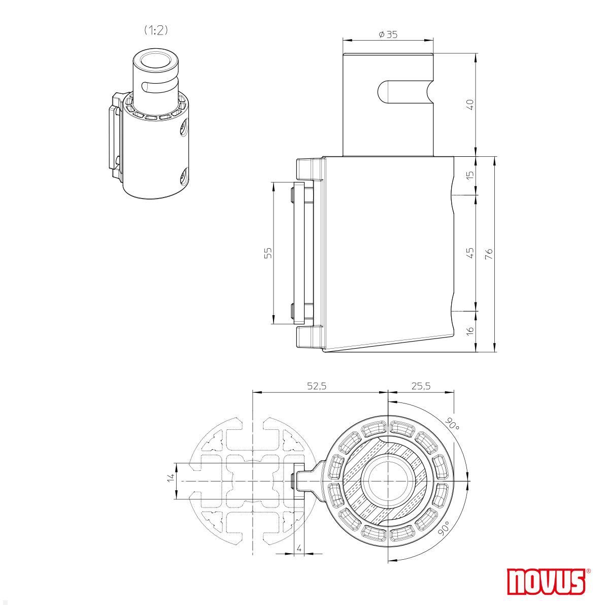 Novus Clu Plus Monitorhalterung für TSS-Säule bis 40 Zoll, weiß (991+0111+000), technische Zeichnung Adapter