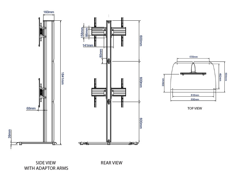 B-Tech BTF841/BB System X Dual Monitorständer 32"-65" Maße front