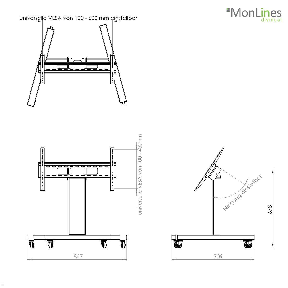 MonLines MBS009B Monitor Bodenständer niedrige Höhe bis 70 Zoll mit Kabel-/ Steckdose Fach in Säule, schwarz technische Zeichnung