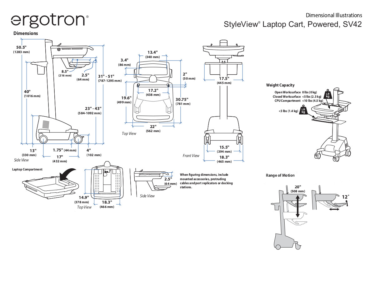 Ergotron StyleView EMR Laptopwagen mit Stromversorgung (SV42-6102-2) technische Zeichnung