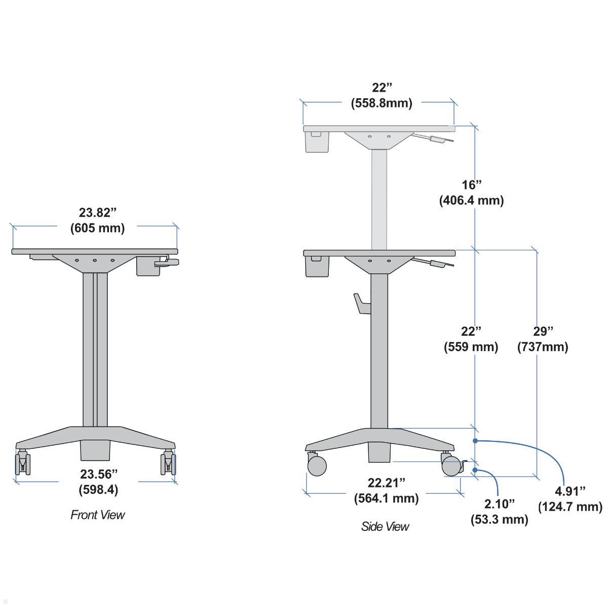 Ergotron LearnFit mobiler Steh-Sitz Tisch 740-1140 mm (24-547-003), silber, technische Zeichnung