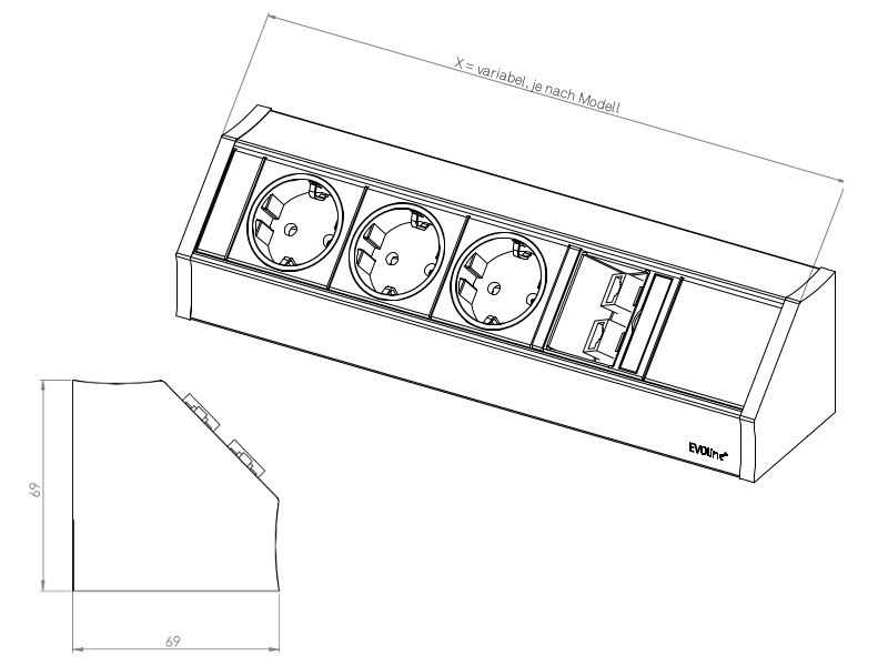 EVOline V-Dock Data Small 3x Schuko Zeichnung