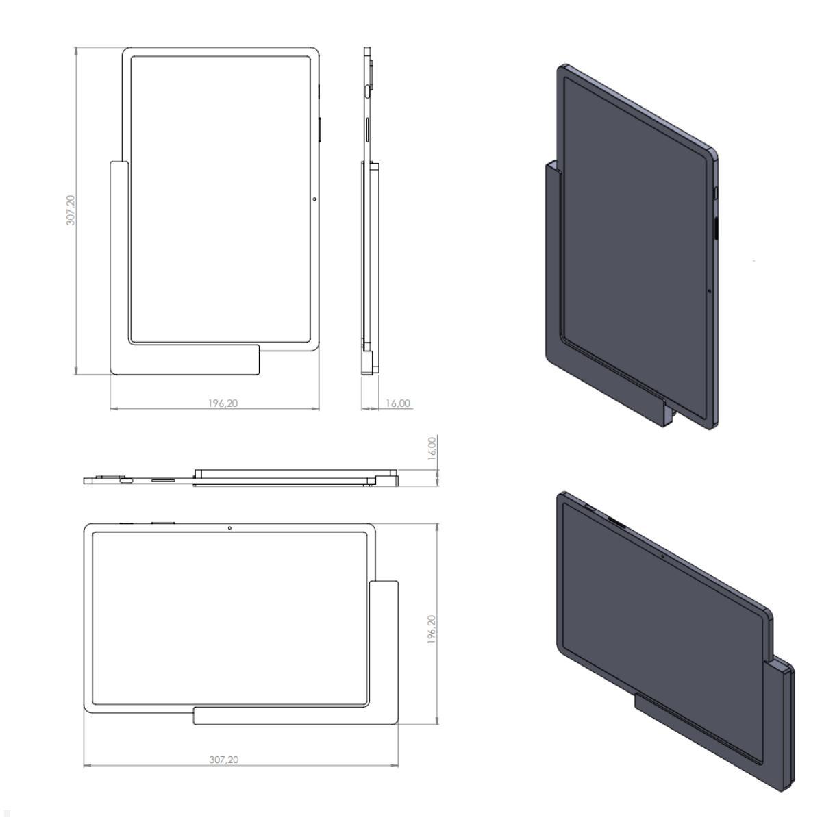 TabLines TWP030B Wandhalterung für Samsung Tab S9+ 12.4, schwarz, Zeichnung Maße mit Tablet