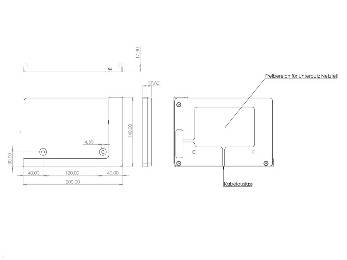 TabLines TWP001B Tablet Wandhalter für Samsung Tab A7 10.4 (2020), schwarz, Zeichnung Maße Installation