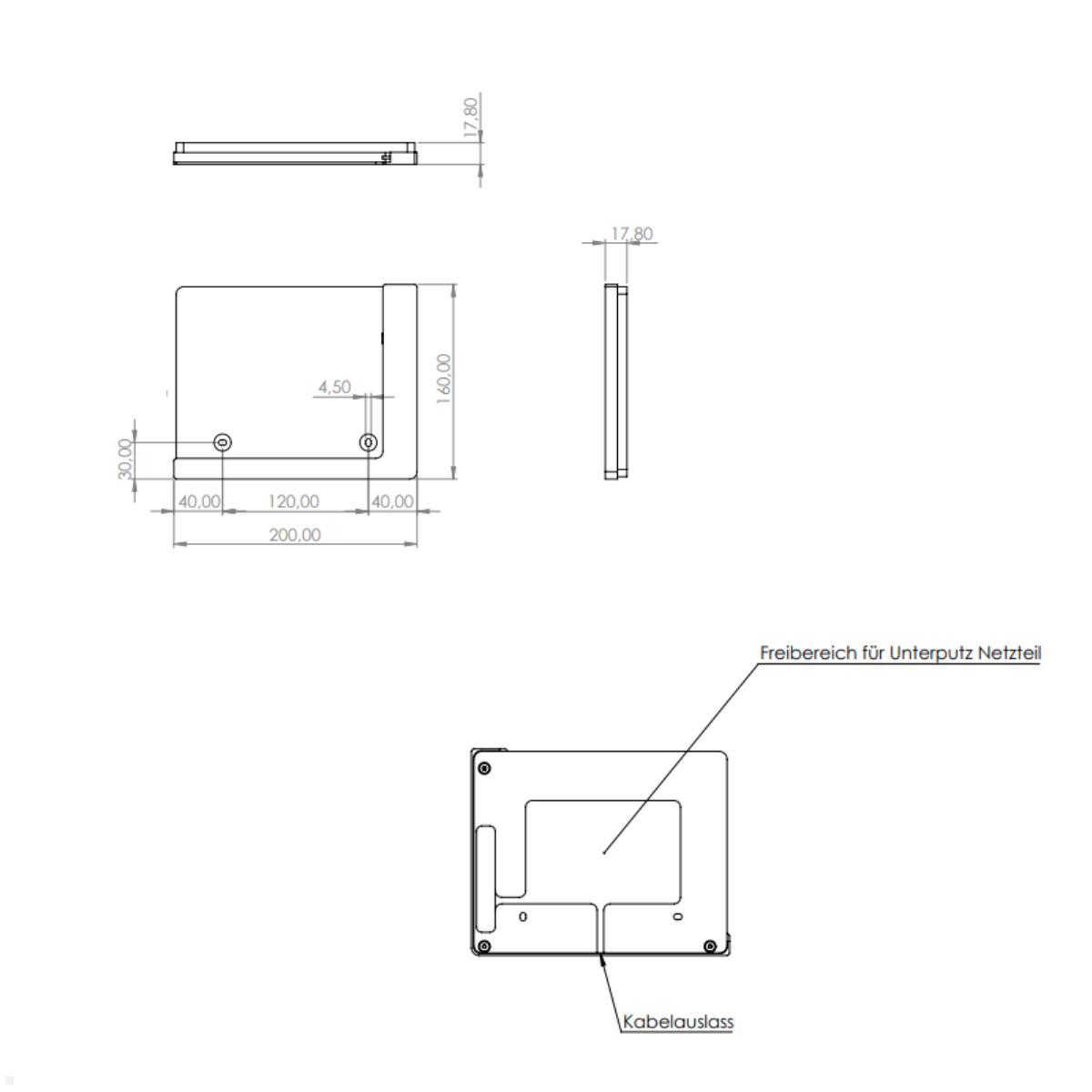 TabLines TWP031S Wandhalterung für Samsung Tab S9 Ultra 14.6, silber, Zeichnung Maße ohne Tablet