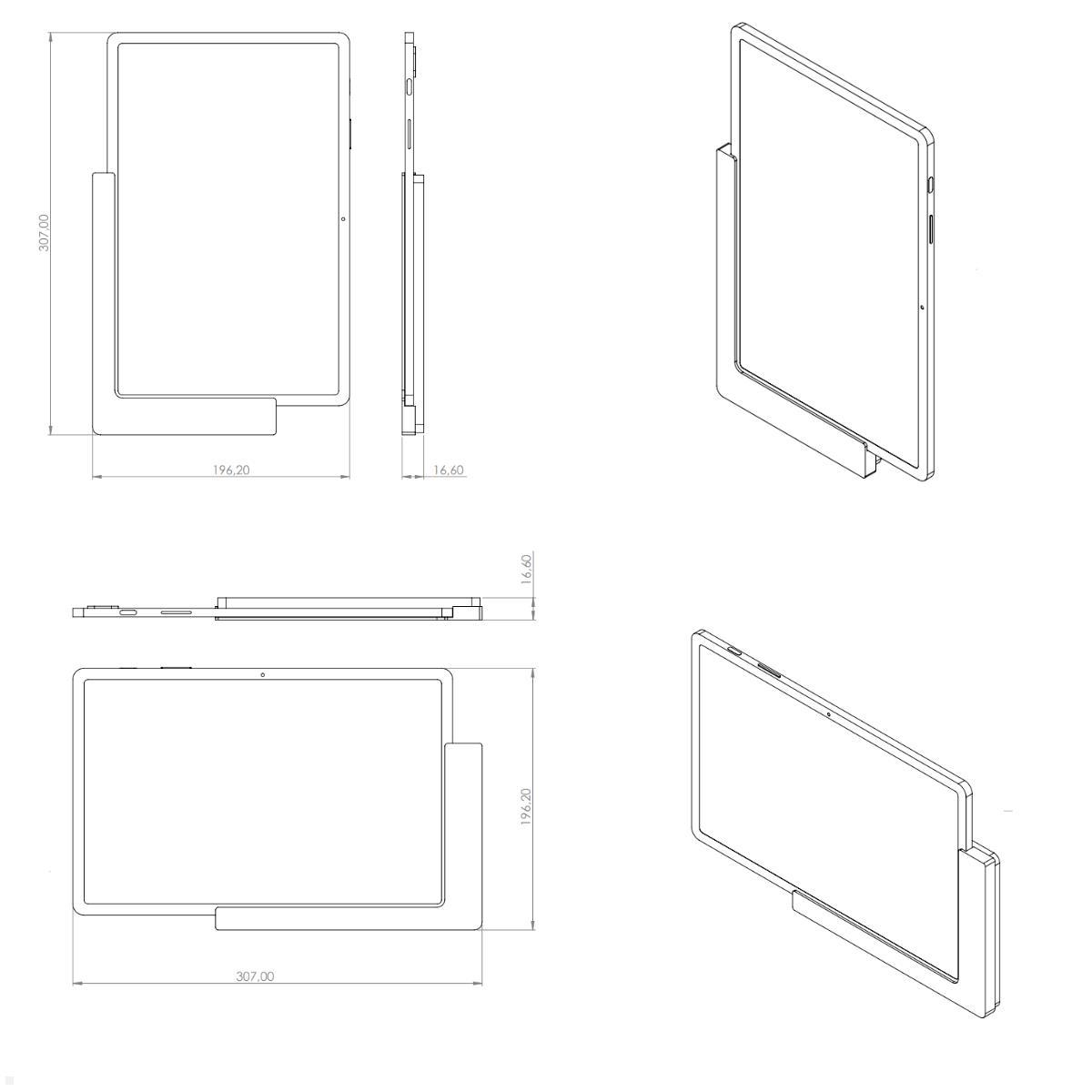 TabLines TWP013B Wandhalterung für Samsung Tab S7 FE 12.4, schwarz, Zeichnung Maße