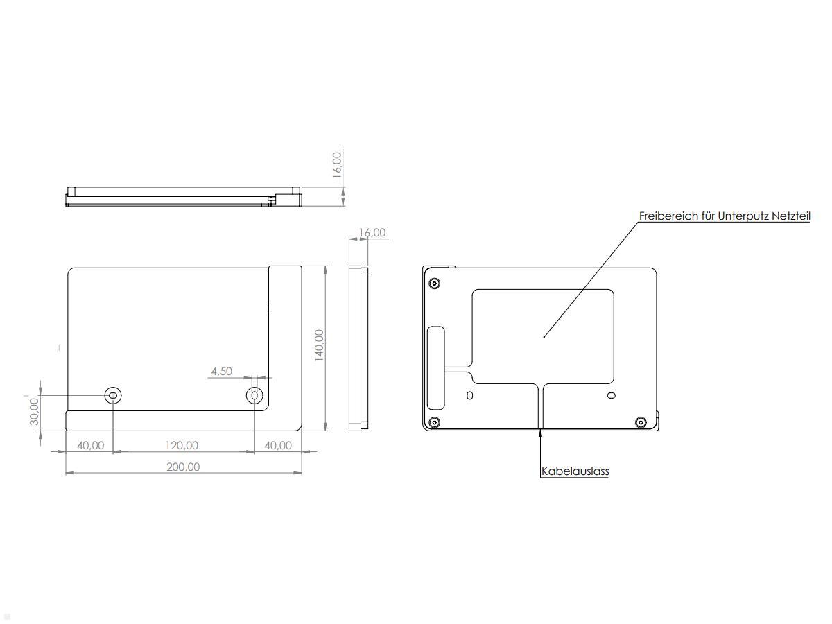 TabLines TWP008B Wandhalterung für Samsung Tab S7+ 12.4, schwarz, Zeichnung Maße Installation