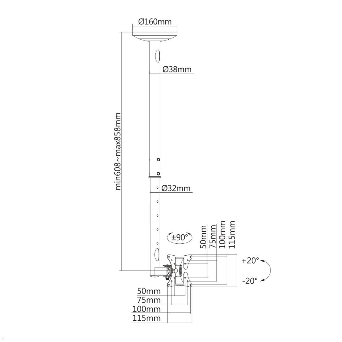 Neomounts FPMA-C050SILVER Monitor Deckenhalterung 500-850mm, silber, Zeichnung Maße