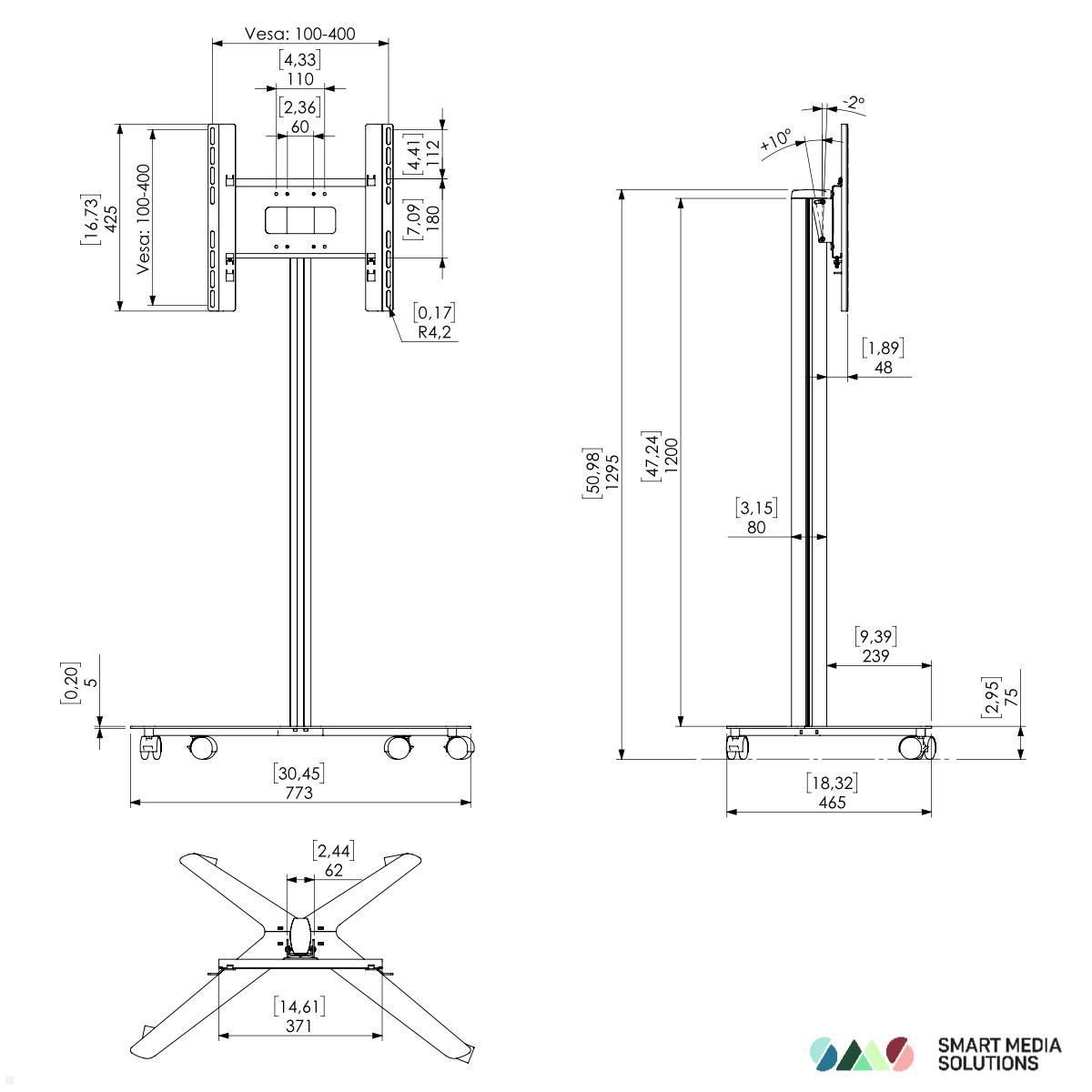 SMS Icon FM MT 1200 mobiler Monitorständer bis 50 Zoll, silber (K12-004-7) technische Zeichnung