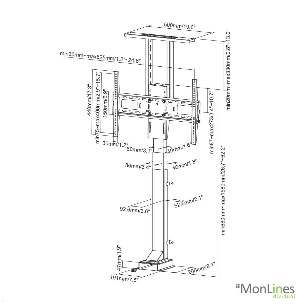 MonLines MLS006B Einbau TV Lift bis 65Zoll elektrisch, 890 Hub, schwarz technische Zeichnung