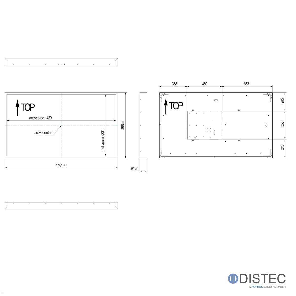 Distec BLO-Line A1 Brandschutz Monitor 64.5 Zoll VideoPoster Blende quer (DS-92-127Q) technische Zeichnung