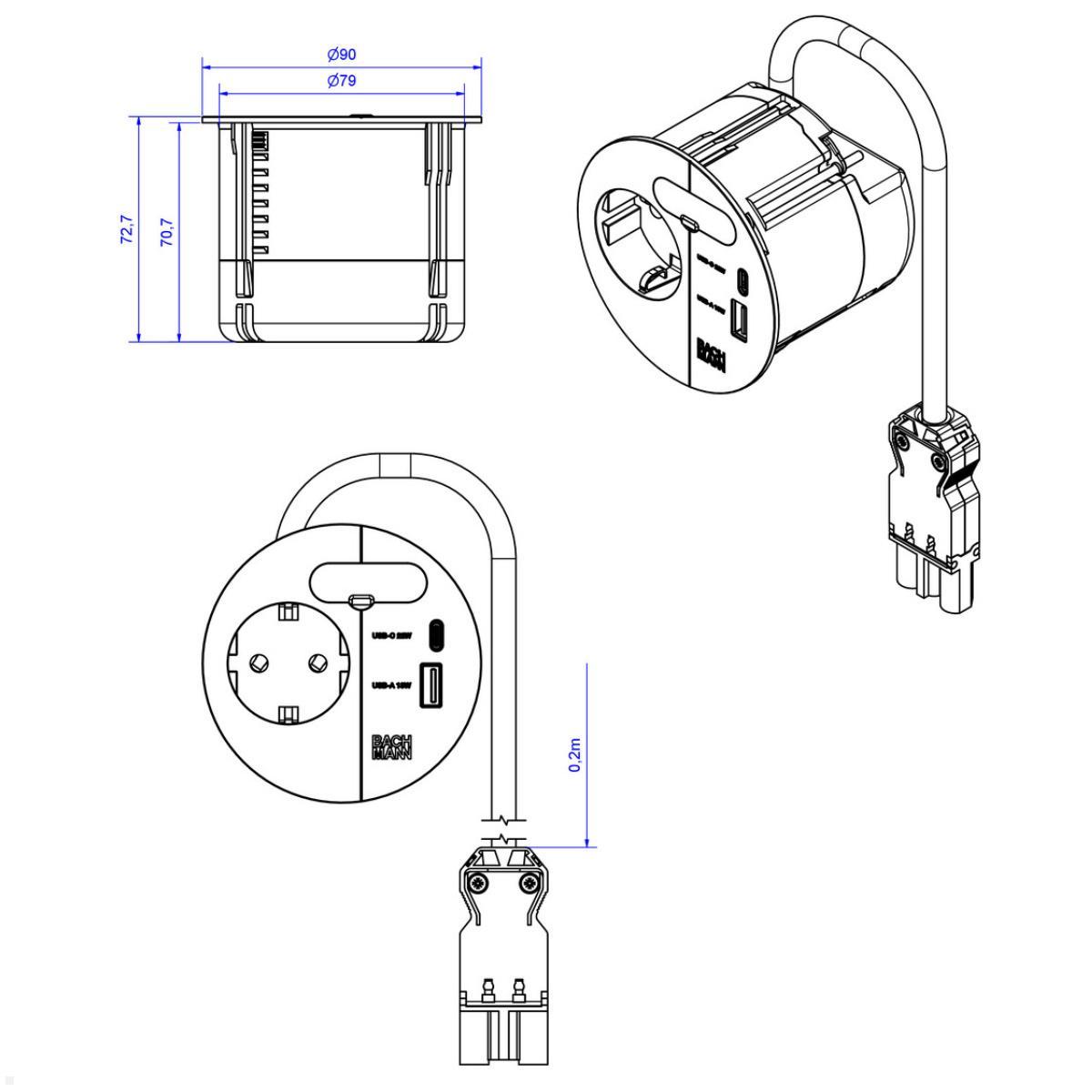 Bachmann LOOP IN CHARGE Steckdose USB A/C GST18, weiß (938.303), technische Zeichnung