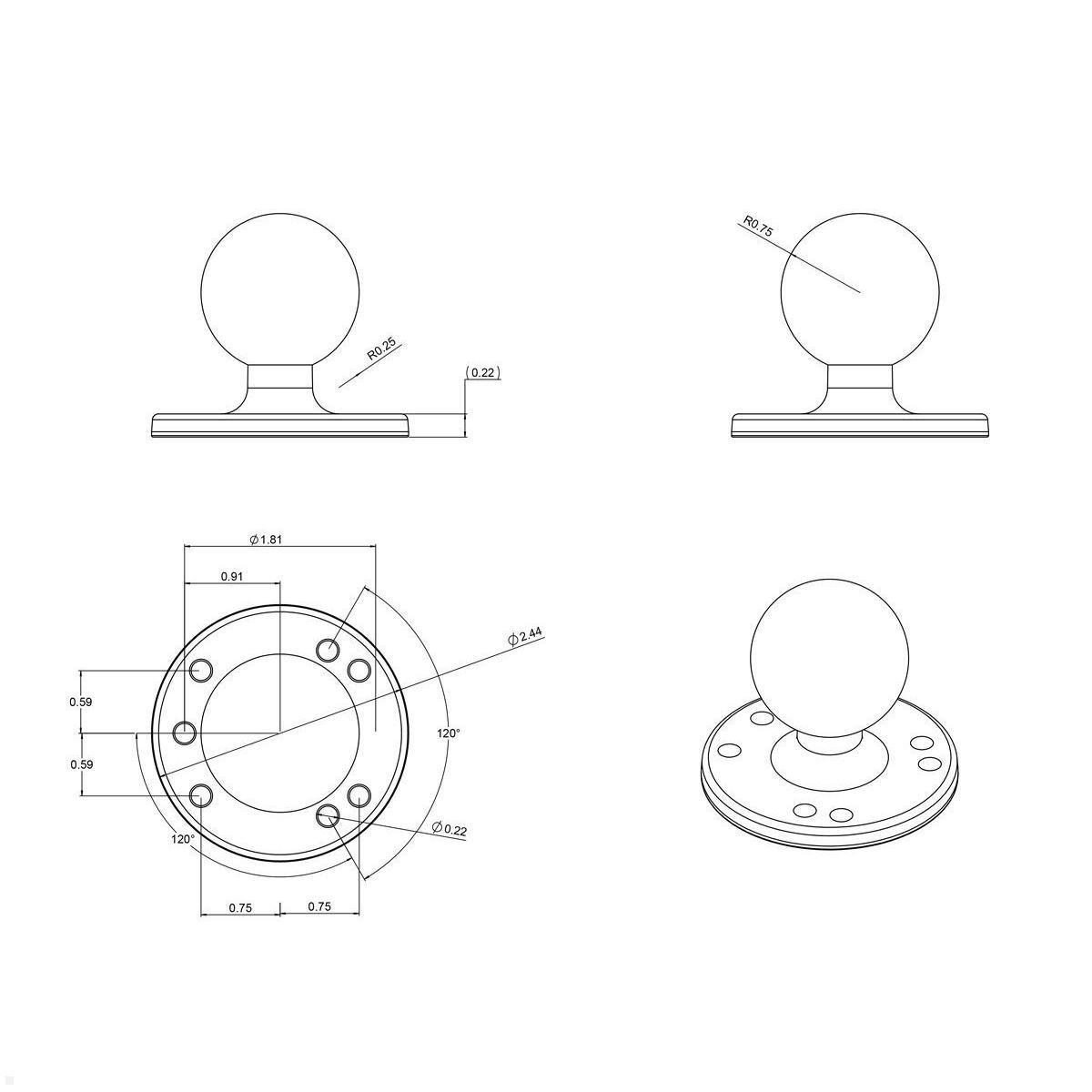 RAM Mounts Basisplatte rund mit C-Kugel (1,5 Zoll), Zeichnung und Maße