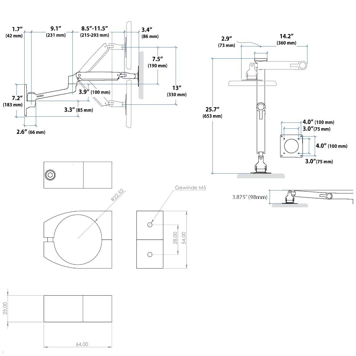 Ergotron LX Arm Monitorhalterung für Rohre / Säulen 41-45 mm, silber, technische Zeichnung