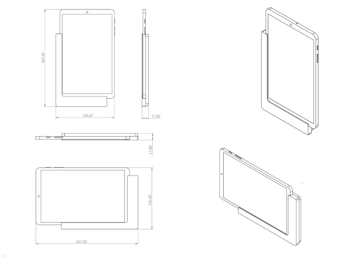 TabLines TWP002B Tablet Wandhalter für Samsung Tab A 10.1 (2019), schwarz, Zeichnung Maße mit Tablet