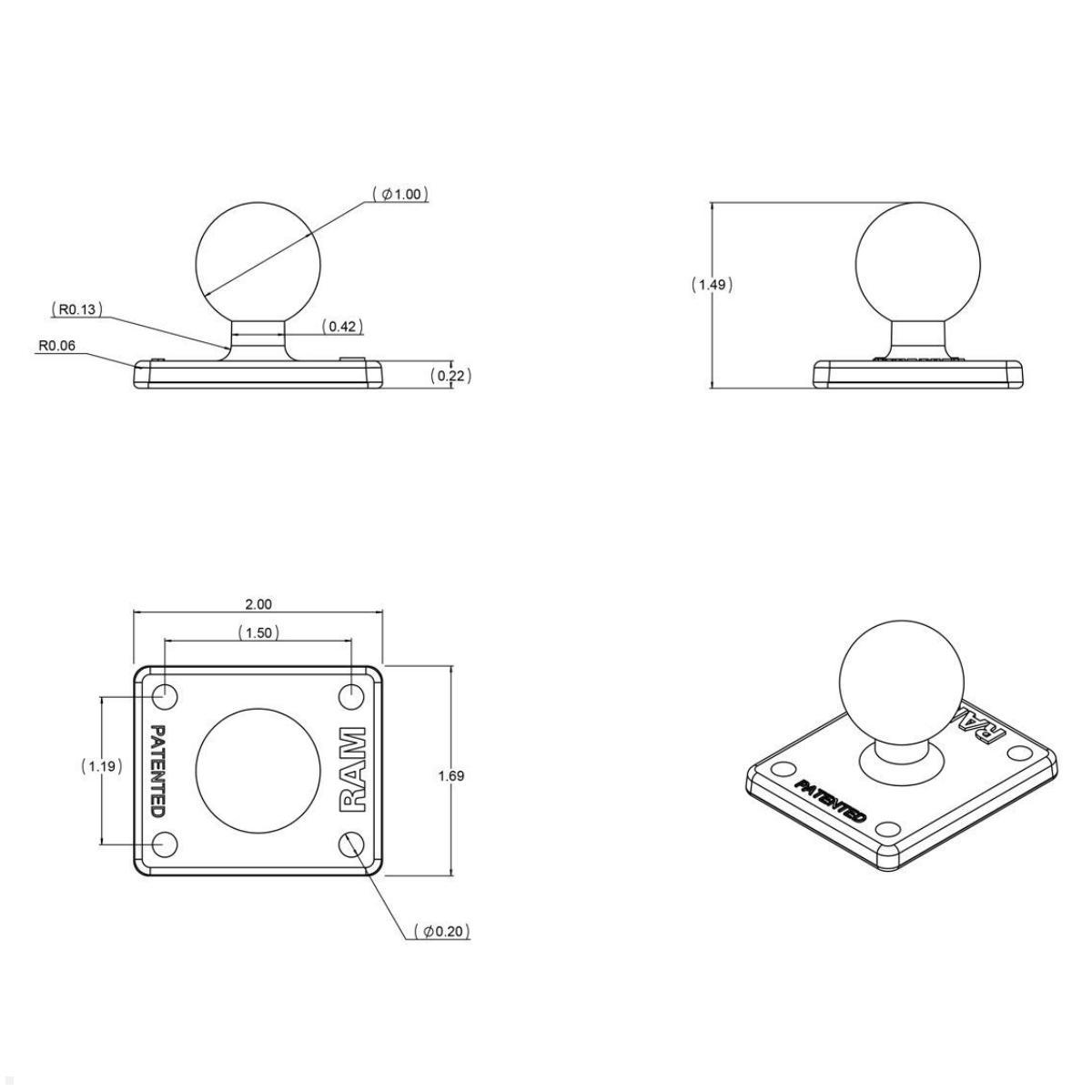 RAM Mounts eckige Platte mit B-Kugel (RAM-B-347U), schwarz, technische Zeichnung