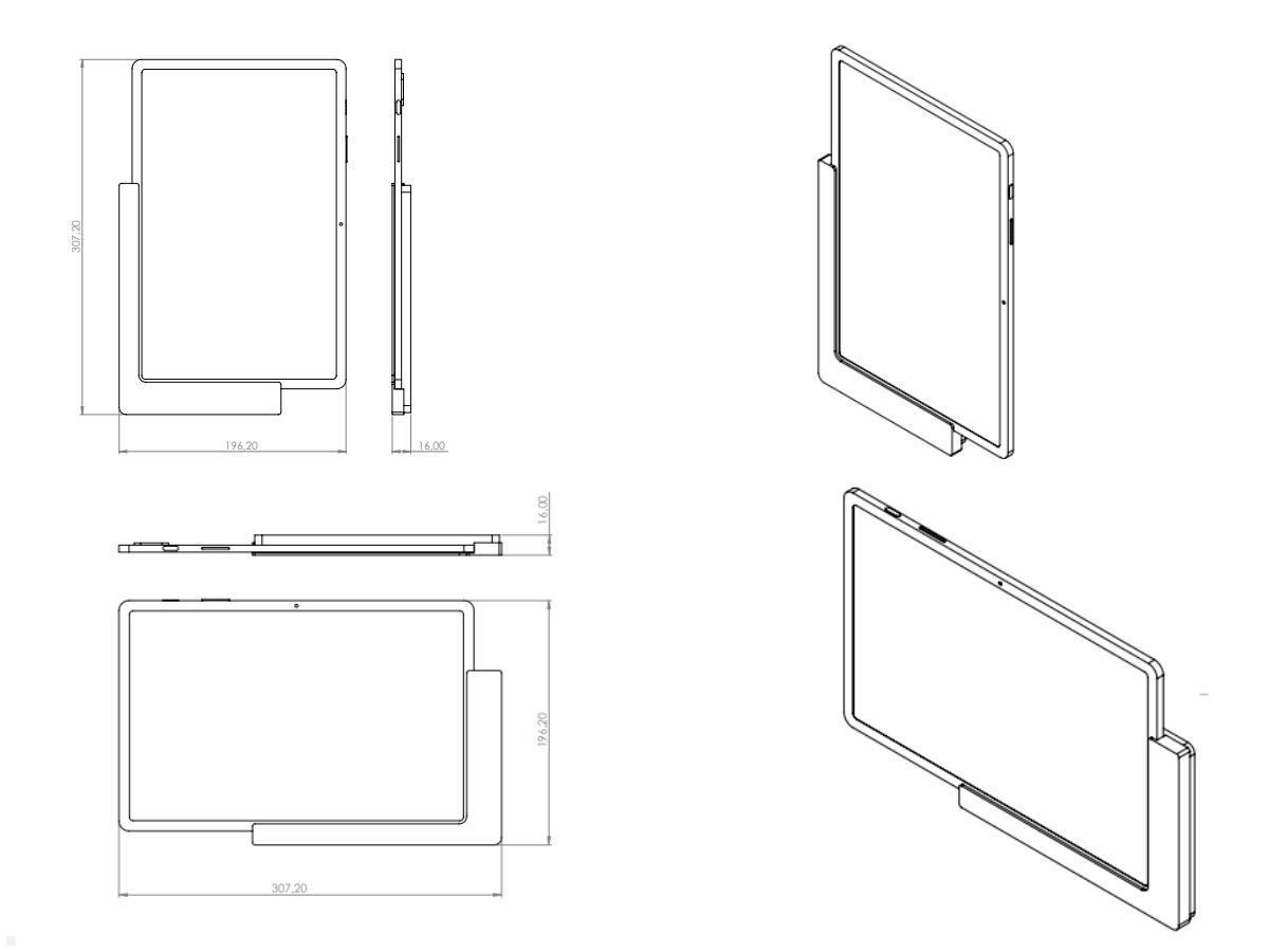 TabLines TWP008W Wandhalterung für Samsung Tab S7+ 12.4, weiss, Zeichnung Maße mit Tablet