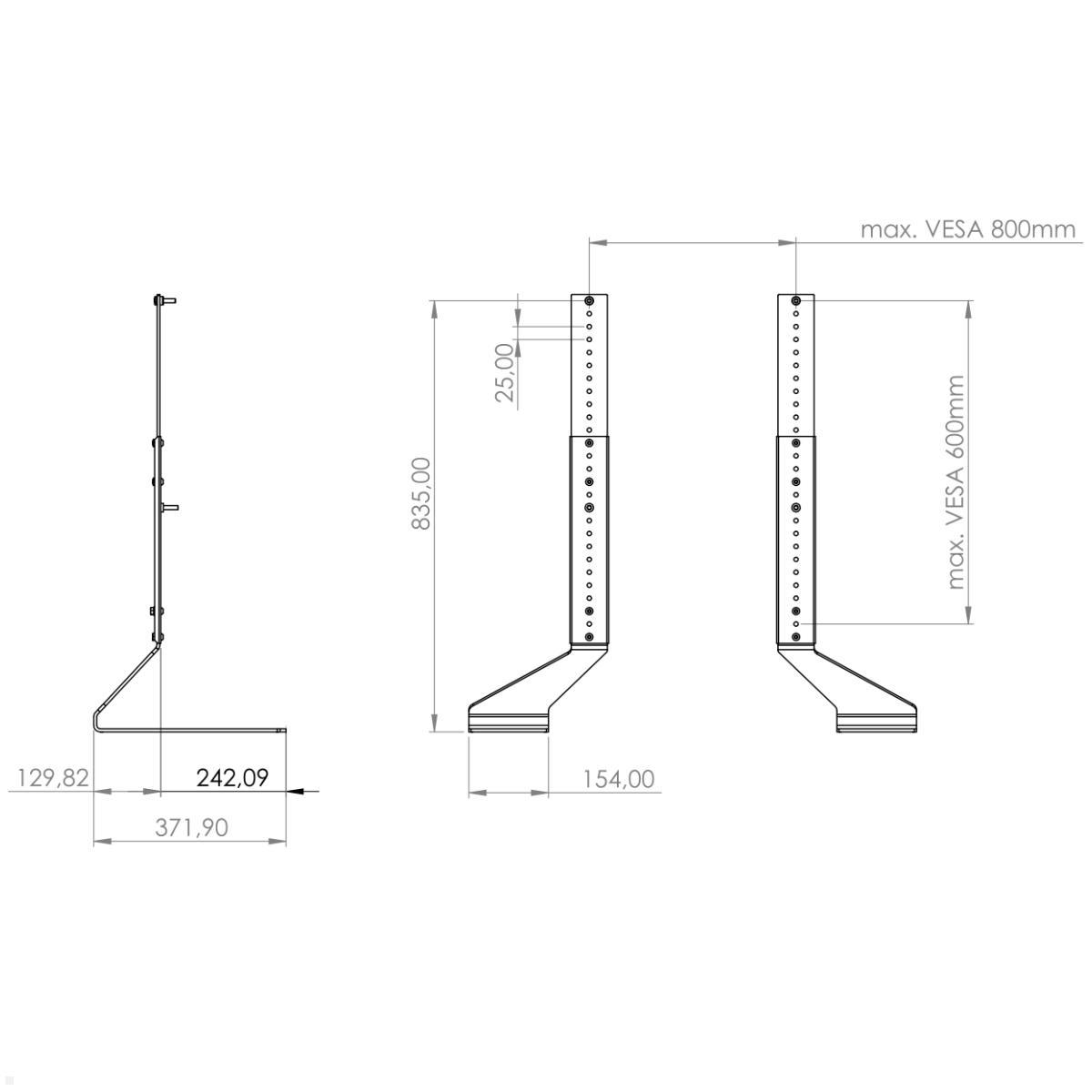 Erard Fit-Up XXL universal TV Ständer 40 - 85 Zoll, silber/schwarz (035320), technische Zeichnung