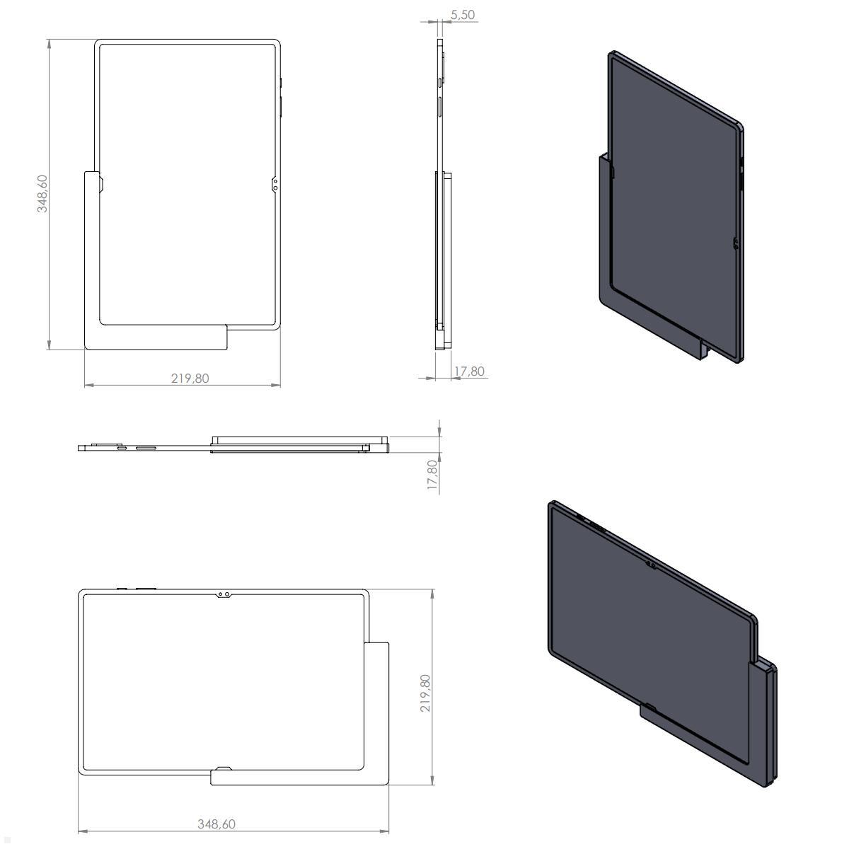 TabLines TWP022B Wandhalterung für Samsung Tab S8 Ultra 14.6, schwarz, Zeichnung Maße mit Tablet (nicht enthalten)