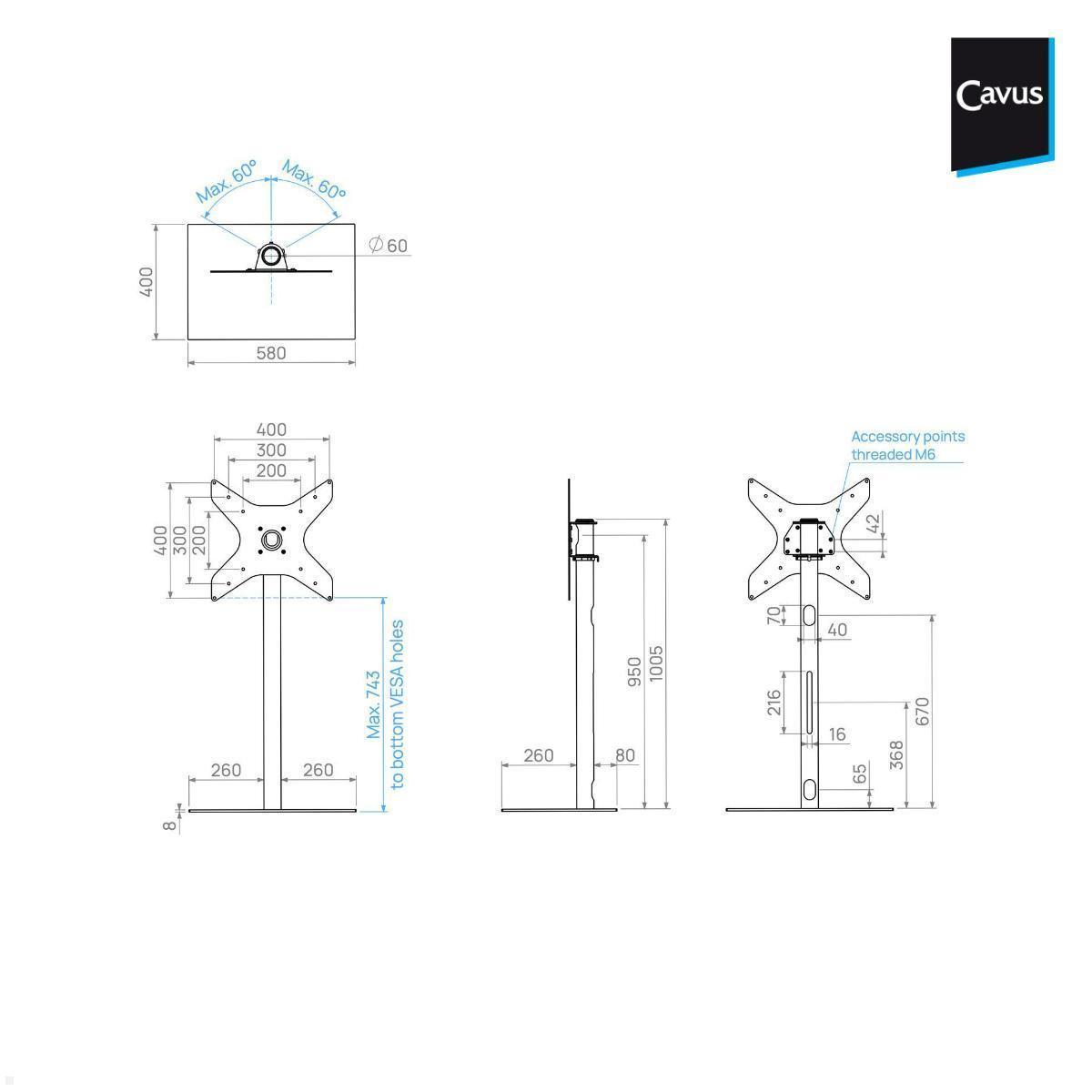 Cavus SQUARE100B44 TV Standfuß rechteckig 32 - 65 Zoll, Säule 100 cm, schwarz technische Zeichnung