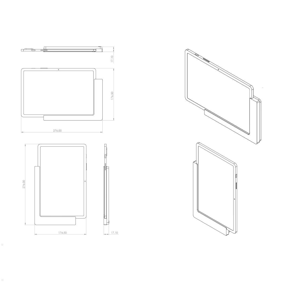 TabLines TWP020B Wandhalterung für Samsung Tab S8 11.0 (2022), schwarz, Zeichnung Maße mit Tablet