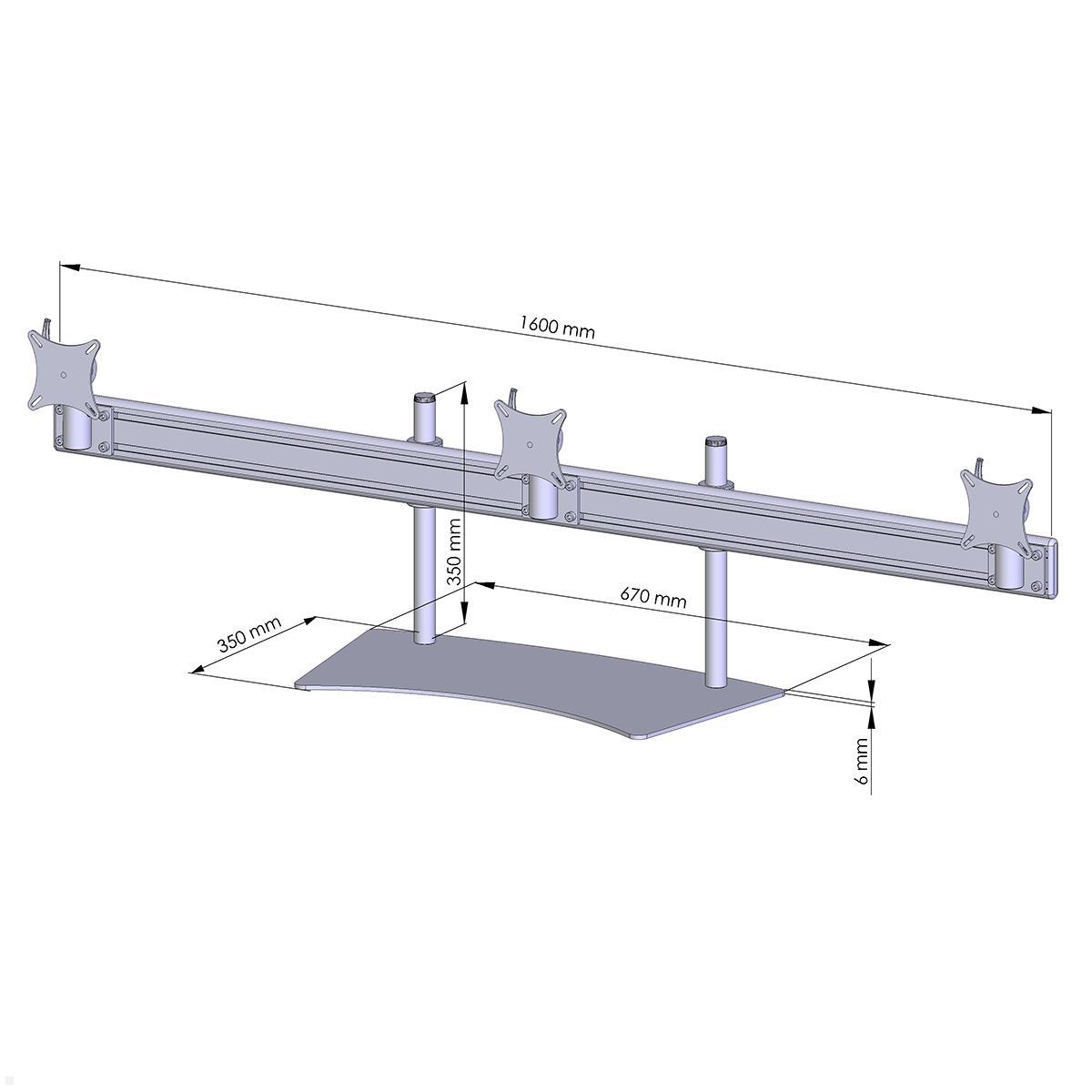 MonLines MTH241G Flat 3-fach Monitorhalterung Standfuß bis 32 Zoll, grau, Zeichnung Maße