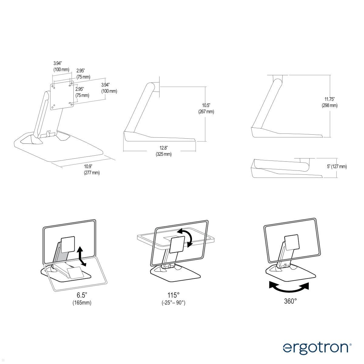 Ergotron Neo-Flex Touchscreen / Monitor Tischständer (33-387-085), schwarz technische Zeichnung