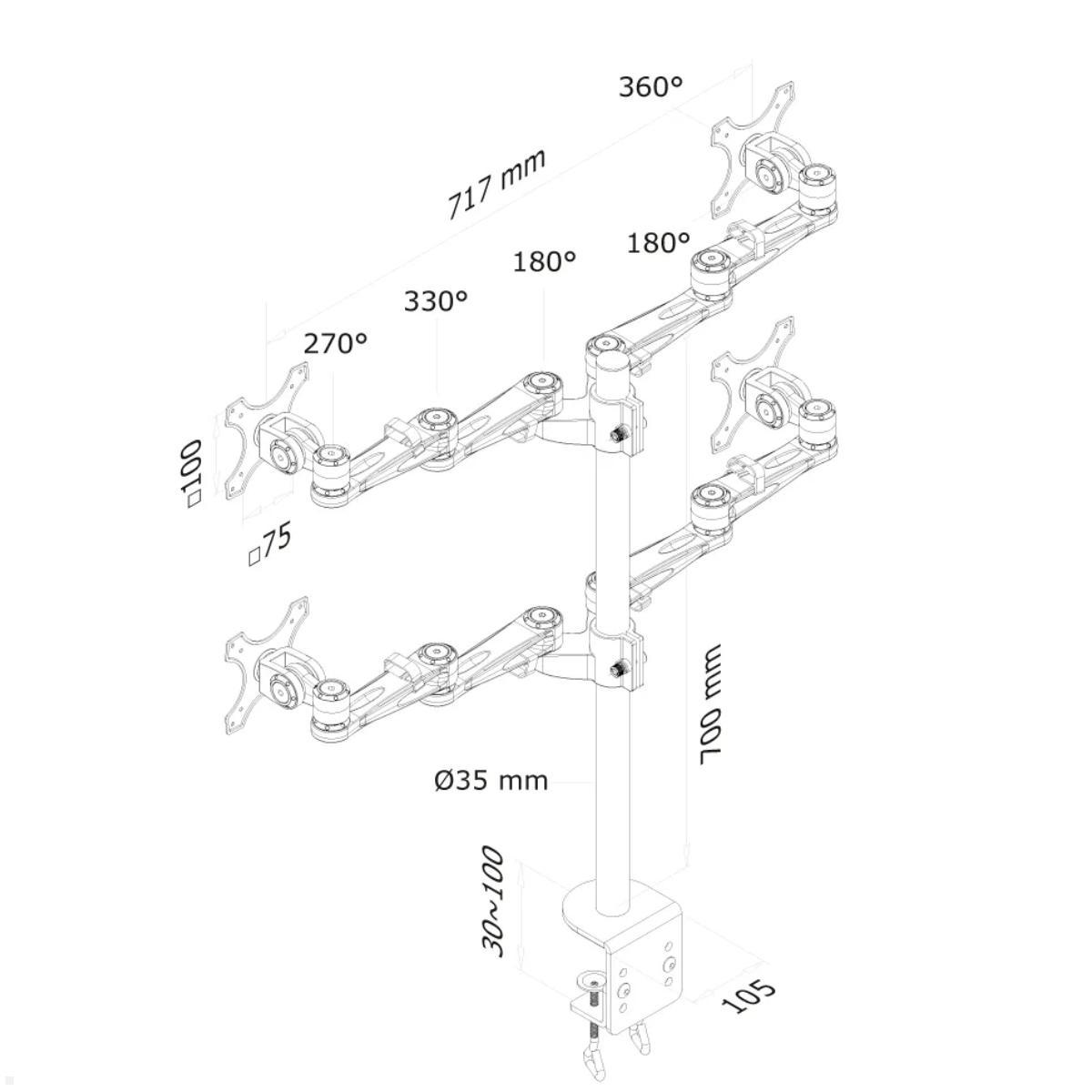 Neomounts FPMA-D935D4 4-fach Tischhalterung mit Klemme, silber, Skizze