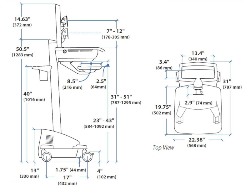 Ergotron StyleView EMR-Fahrwagen mit Display Halter, Stromversorgung (SV42-6302-2) Maße