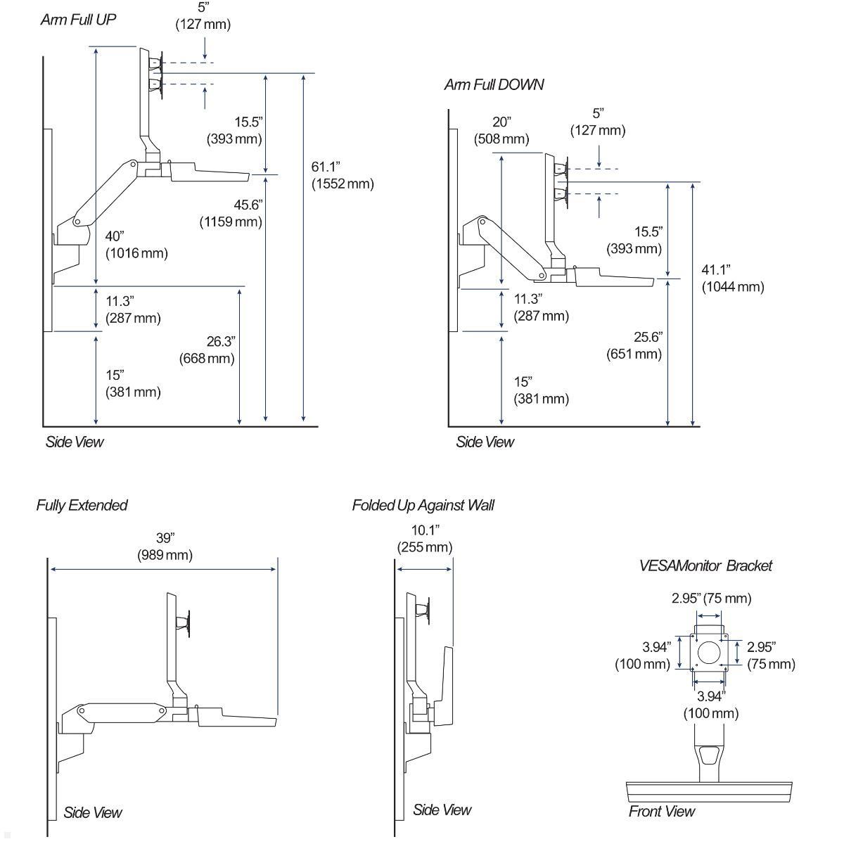 Ergotron CareFit Combo Arm Wandarbeitsplatz (45-621-251), technische Zeichnung