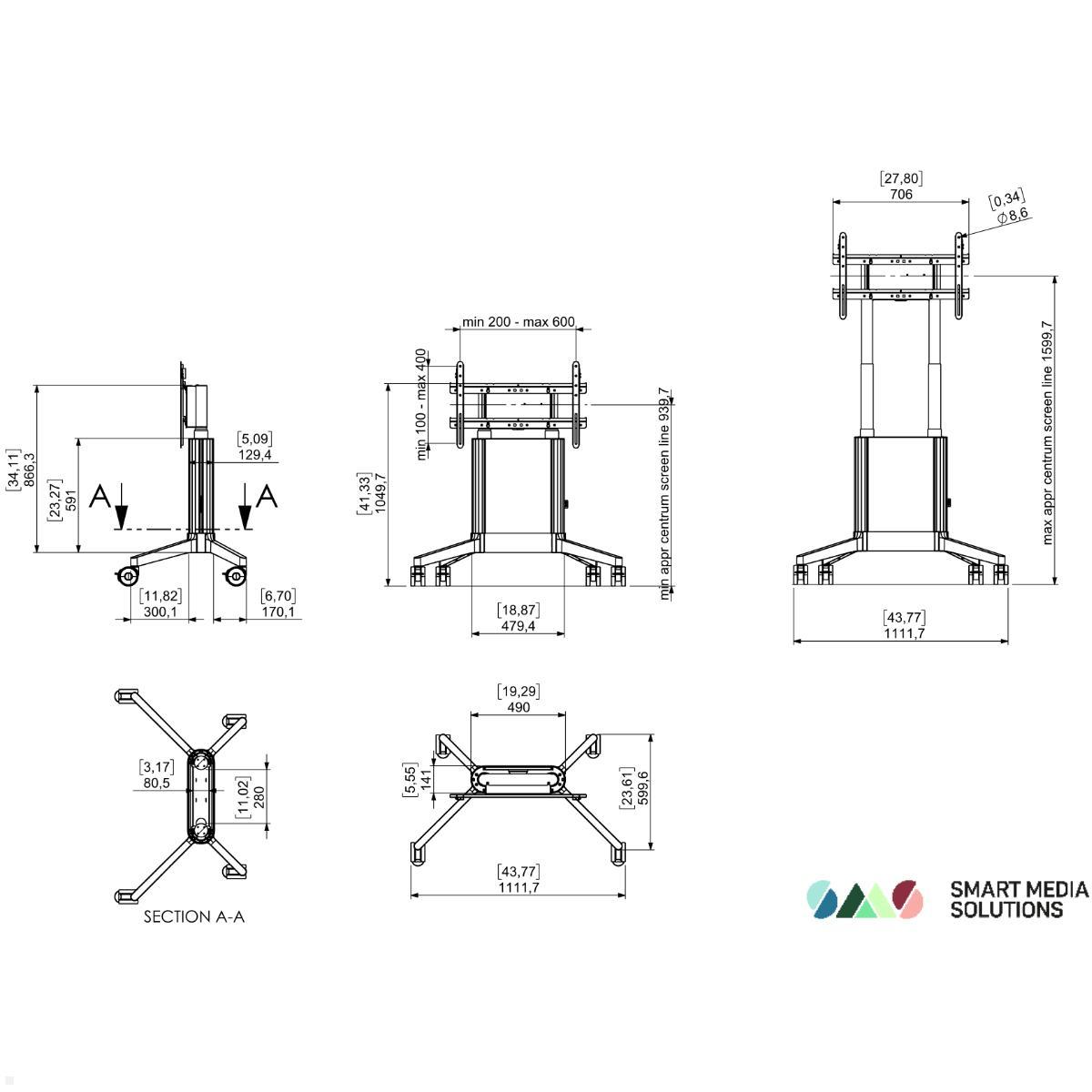 SMS EVER350 AIR mobiler elektrischer TV Ständer 86 Zoll, Alu Cover schwarz (16-008-1C-M), technische Zeichnung