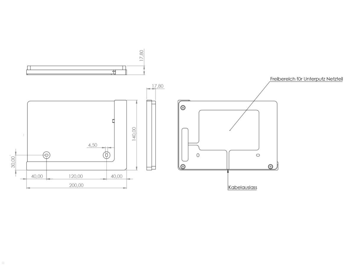 TabLines TWP004W Wandhalterung für iPad 10.2 (7./8. Gen.), weiß, Zeichnung Maße Installation