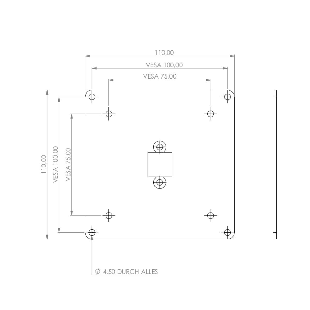 TabLines TBSfix001W Bodenständer mit Universal Tablethalter bis 11 Zoll, Zeichnung Maße Adapter