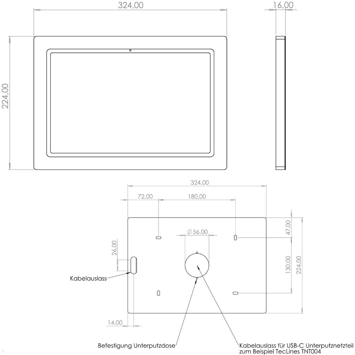 TabLines TWH063B Wandhalterung für Samsung Tab S10+ 12.4, schwarz, technische Zeichnung