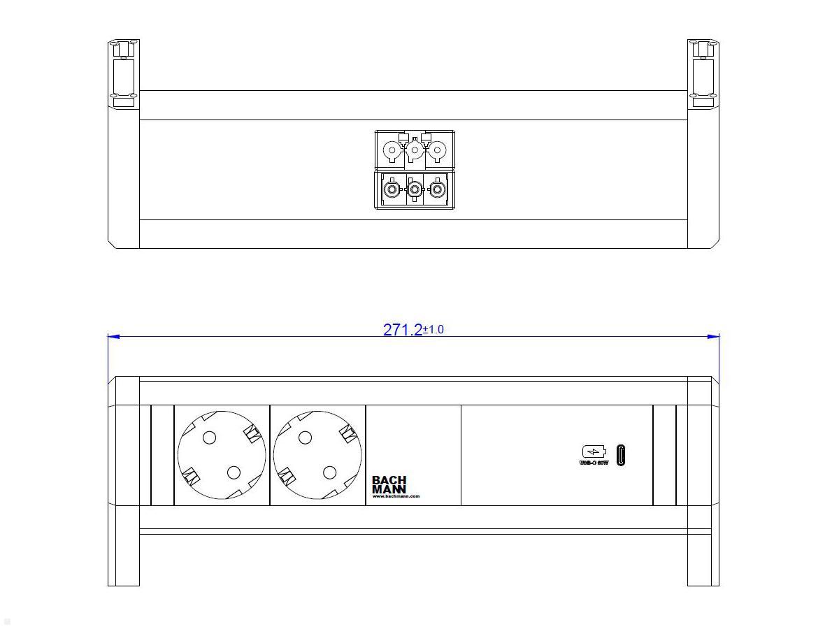 Bachmann DESK 1, 2x Steckdose, 1 USB-C Charger 60W (902.0813) techn.Zeichnung